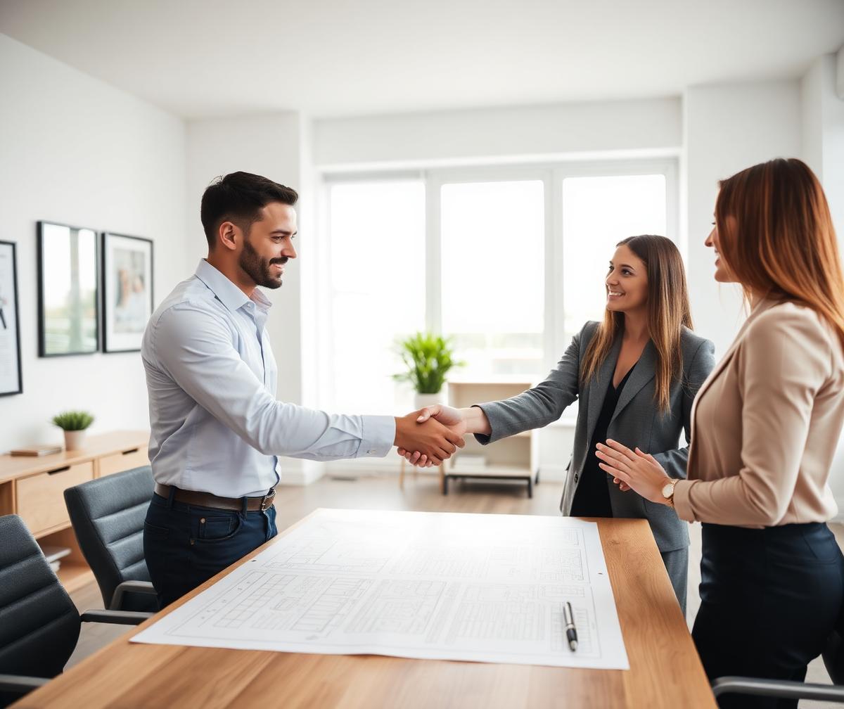 Real estate agents closing a property deal with clients in a modern office
