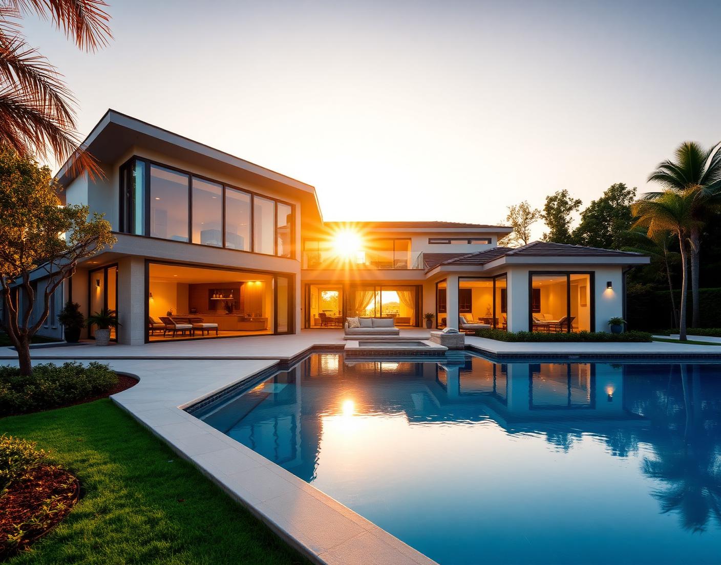 Luxury modern villa with swimming pool at golden hour
